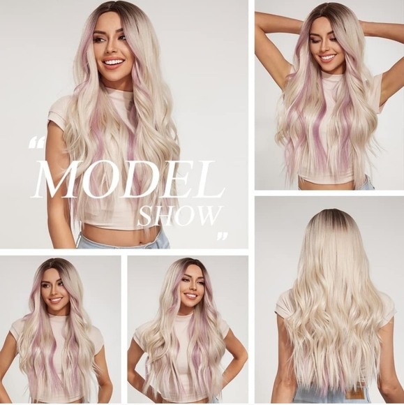 Ombre Blonde Wigs with Pink Purple Highlight 26 inches synthetic - Picture 6 of 6